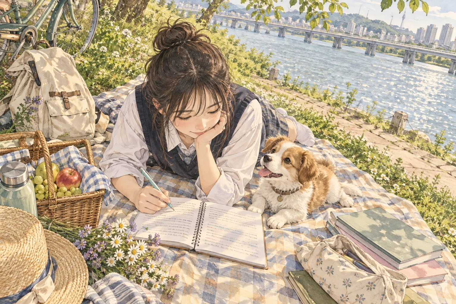 강변에서 새 동물 사례로 상태 표현을 재시험하는 학생