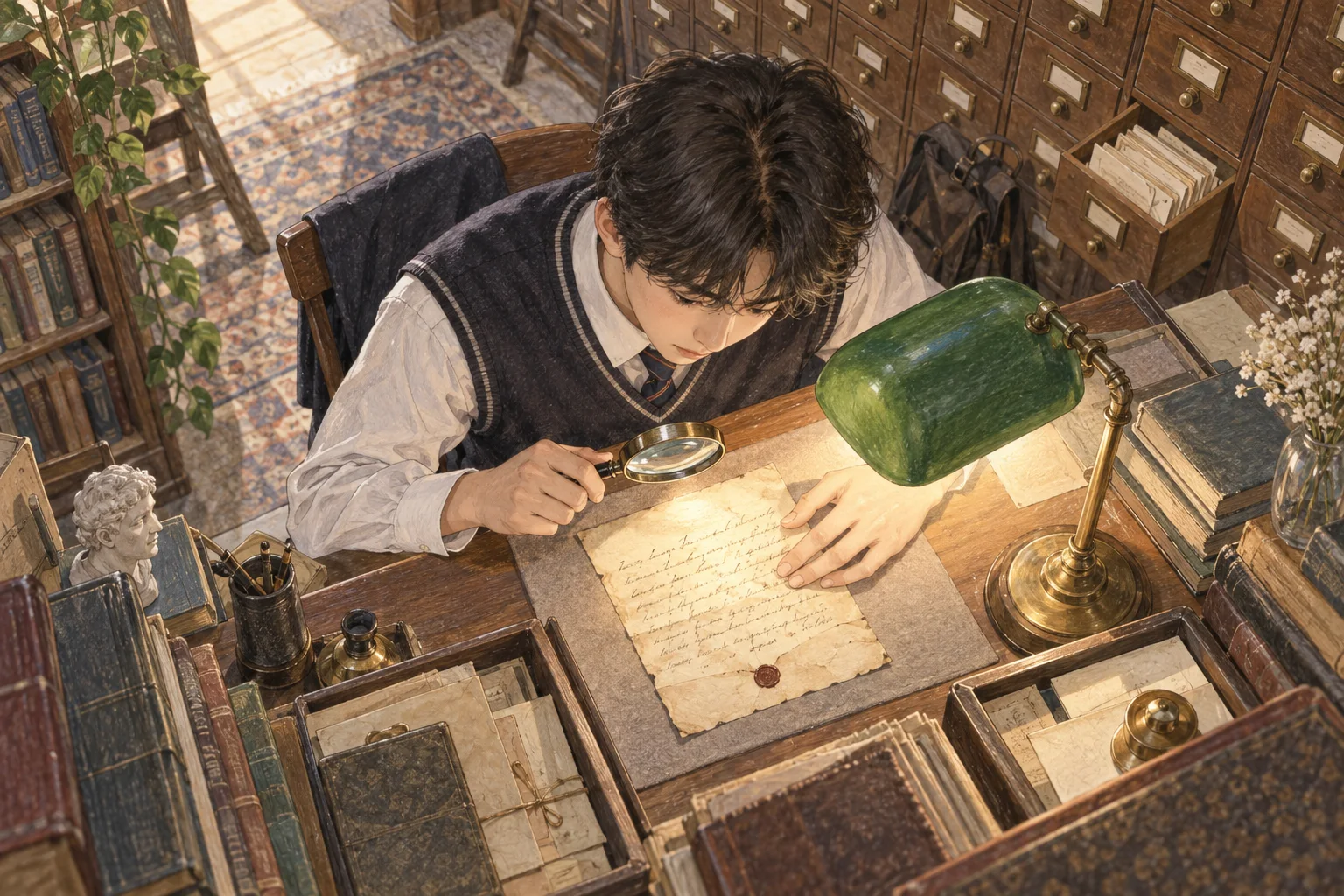 도서관 자료실에서 편지의 진위 여부를 확인하는 학생
