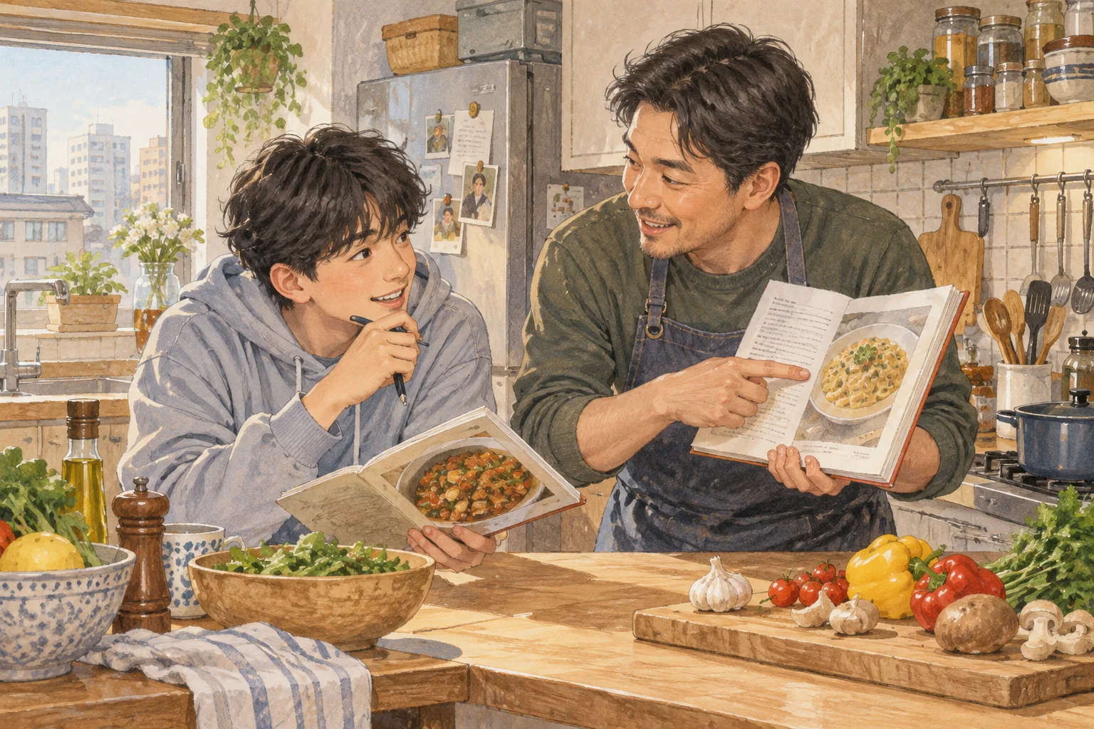 부엌에서 두 요리 선택의 주체를 확인하는 부자