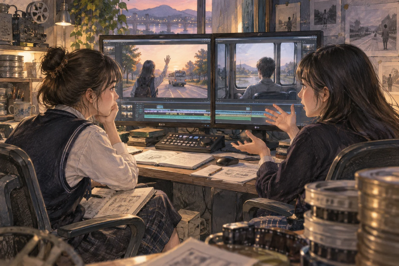 영화 편집실에서 이별 장면의 두 시점을 비교하는 학생들