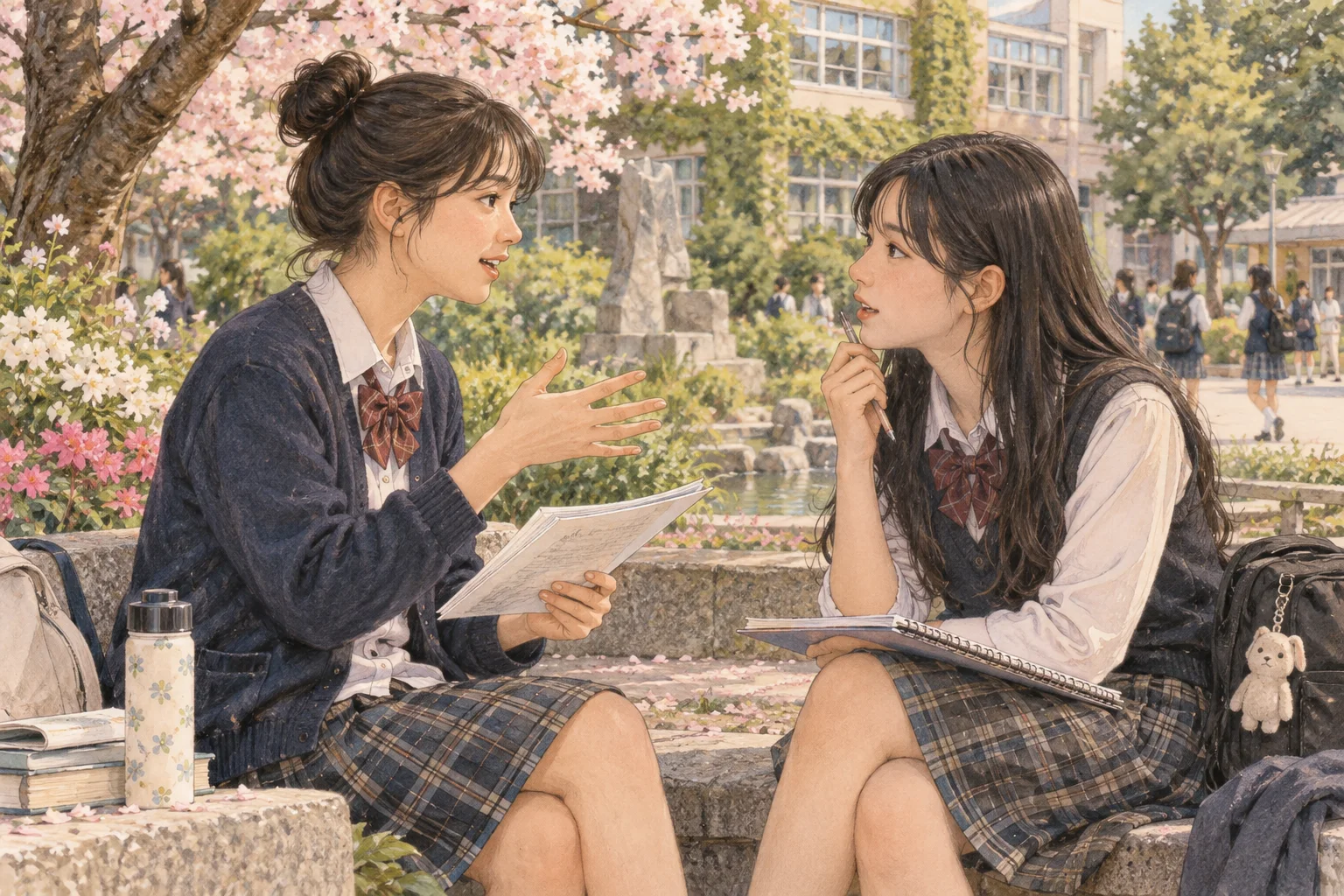 학교 뜰에서 주어와 동사를 묶어 설명하는 학생들