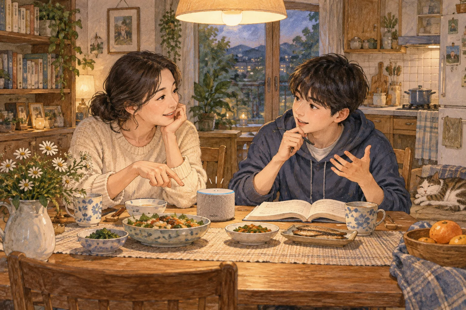 저녁 식탁에서 낭독의 의미 변화를 확인하는 모자