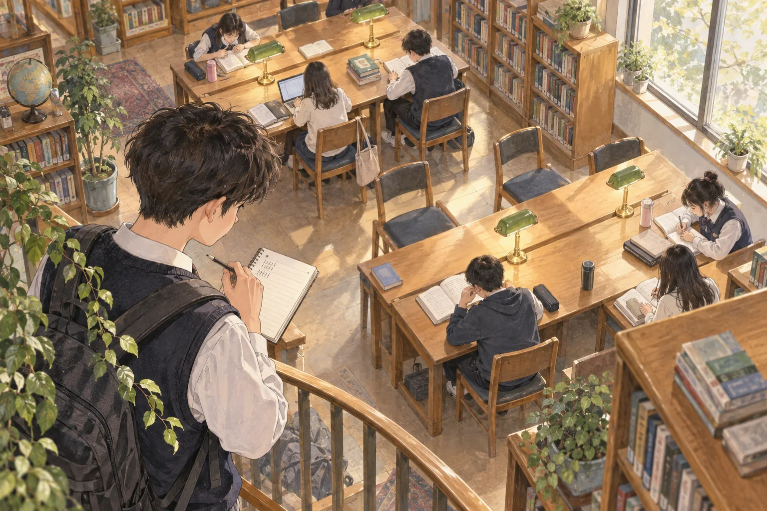 도서관에서 빈 좌석과 사용 중인 좌석을 확인하는 학생