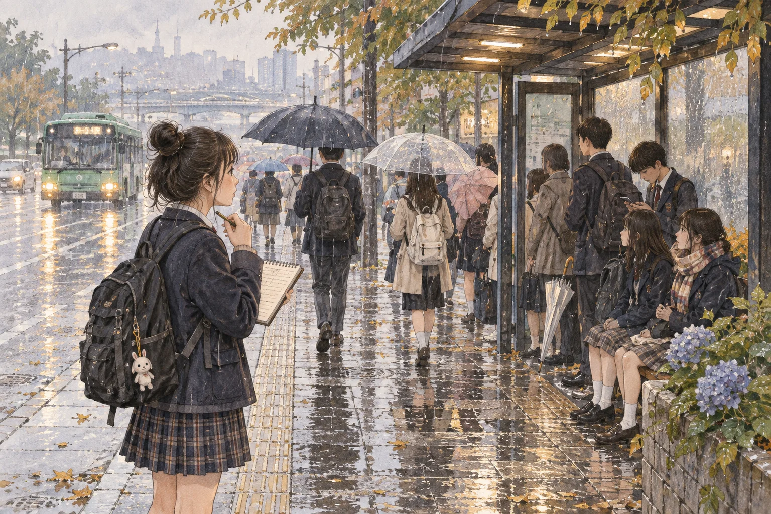 버스 정류장에서 우산과 지붕 아래의 서로 다른 사례를 보는 학생