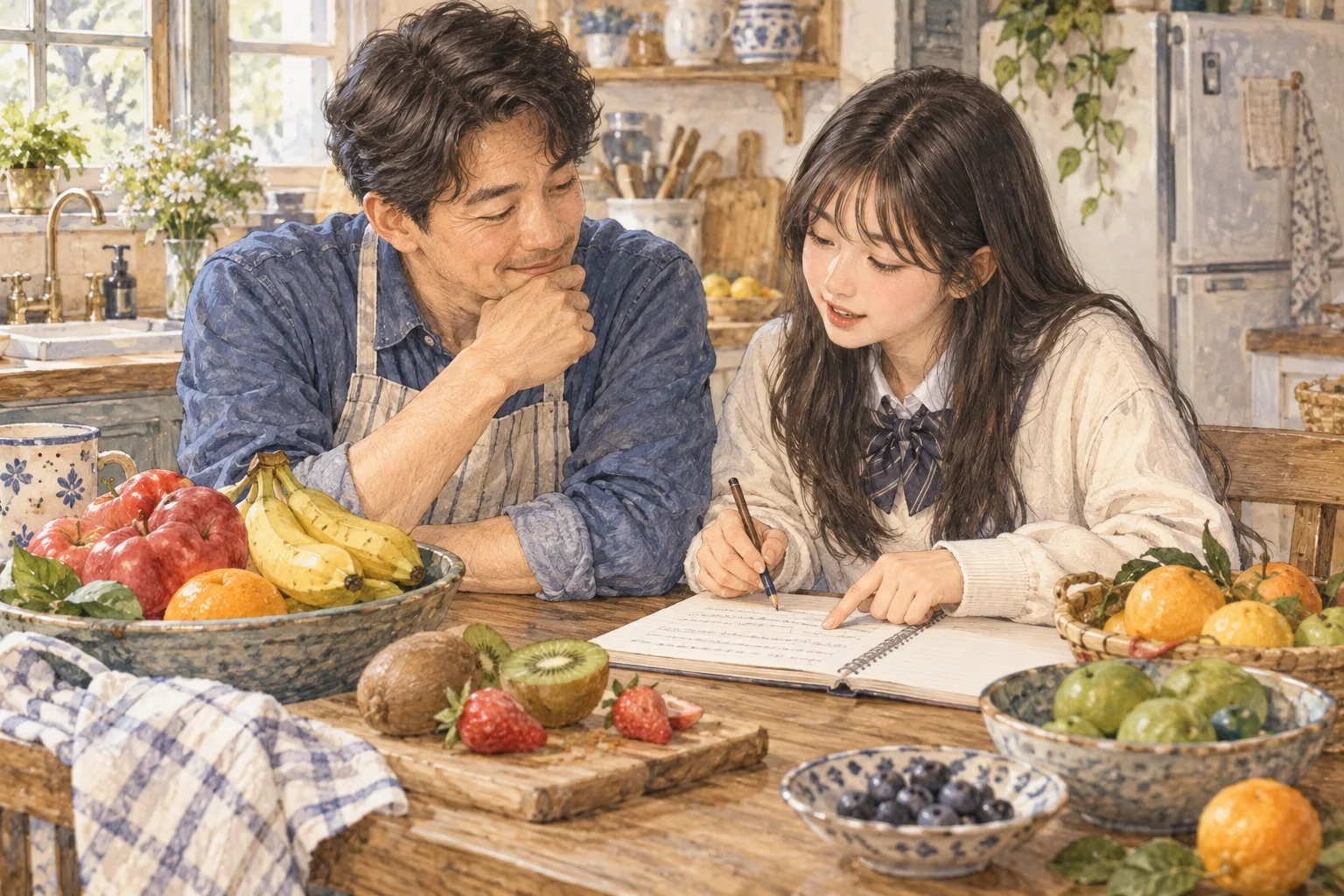 부엌에서 익은 과일과 덜 익은 과일로 범위를 설명하는 부녀