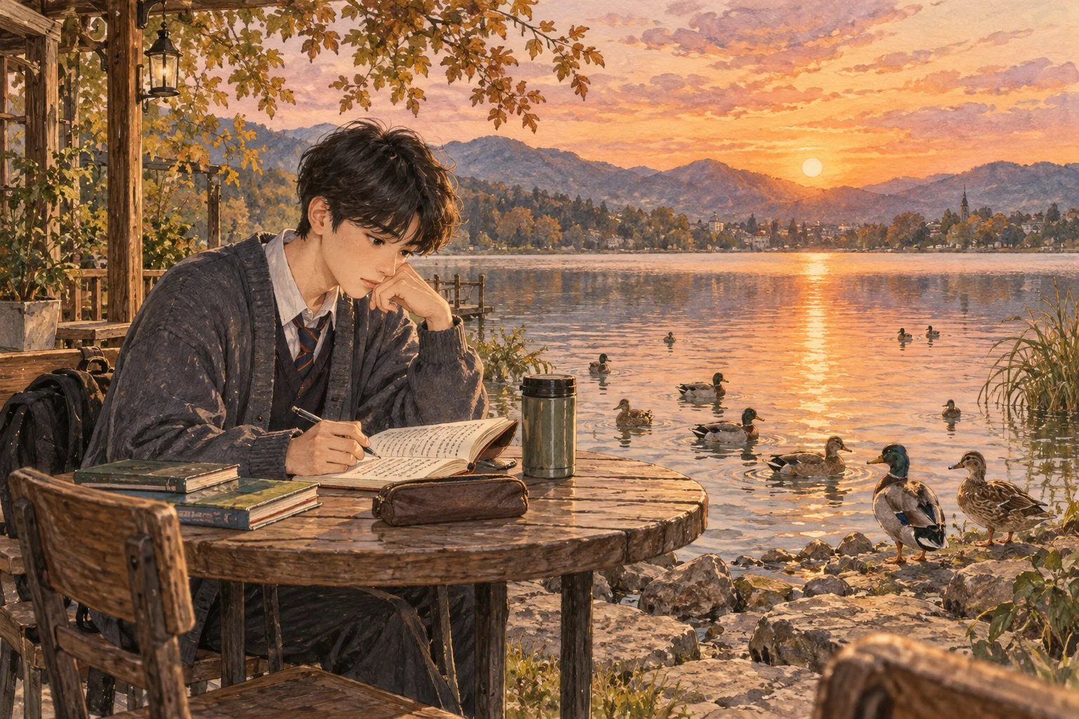 호숫가에서 수량어 문장의 근거를 재시험하는 학생