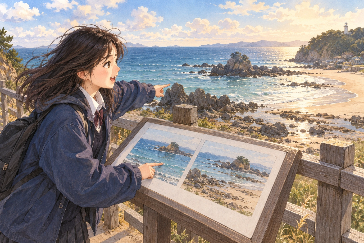 On a seaside observation deck, a student checks a harbor sketch against the view across the water.