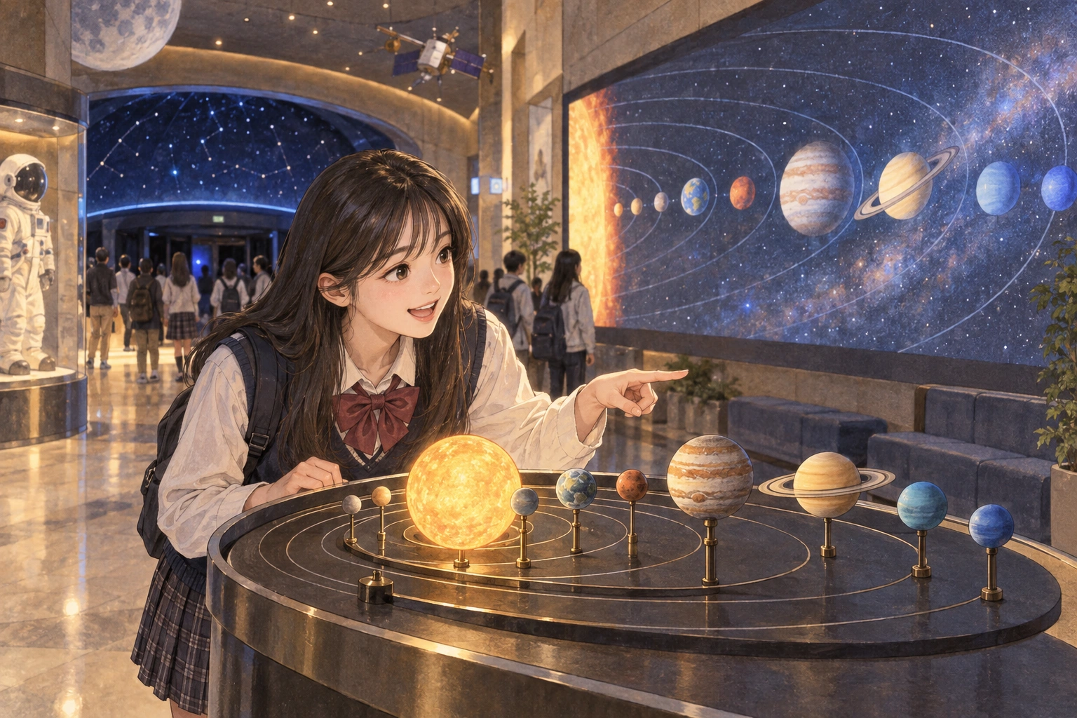 In a planetarium lobby, a student compares a miniature solar model with a wall projection while tracking left-to-right orientation.