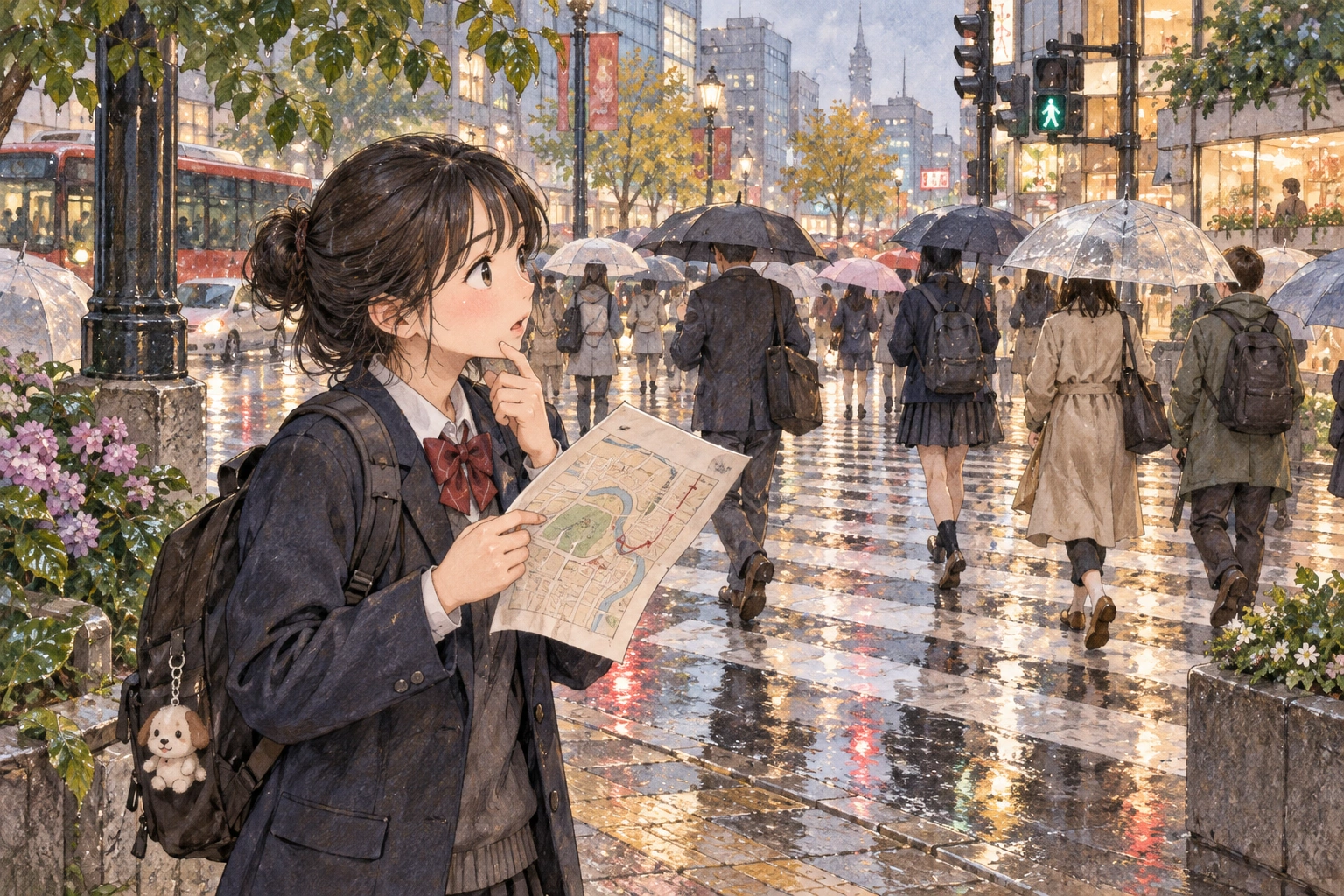 On a rainy city crossing, a student compares a route sketch with the direction pedestrians actually move beneath umbrellas.