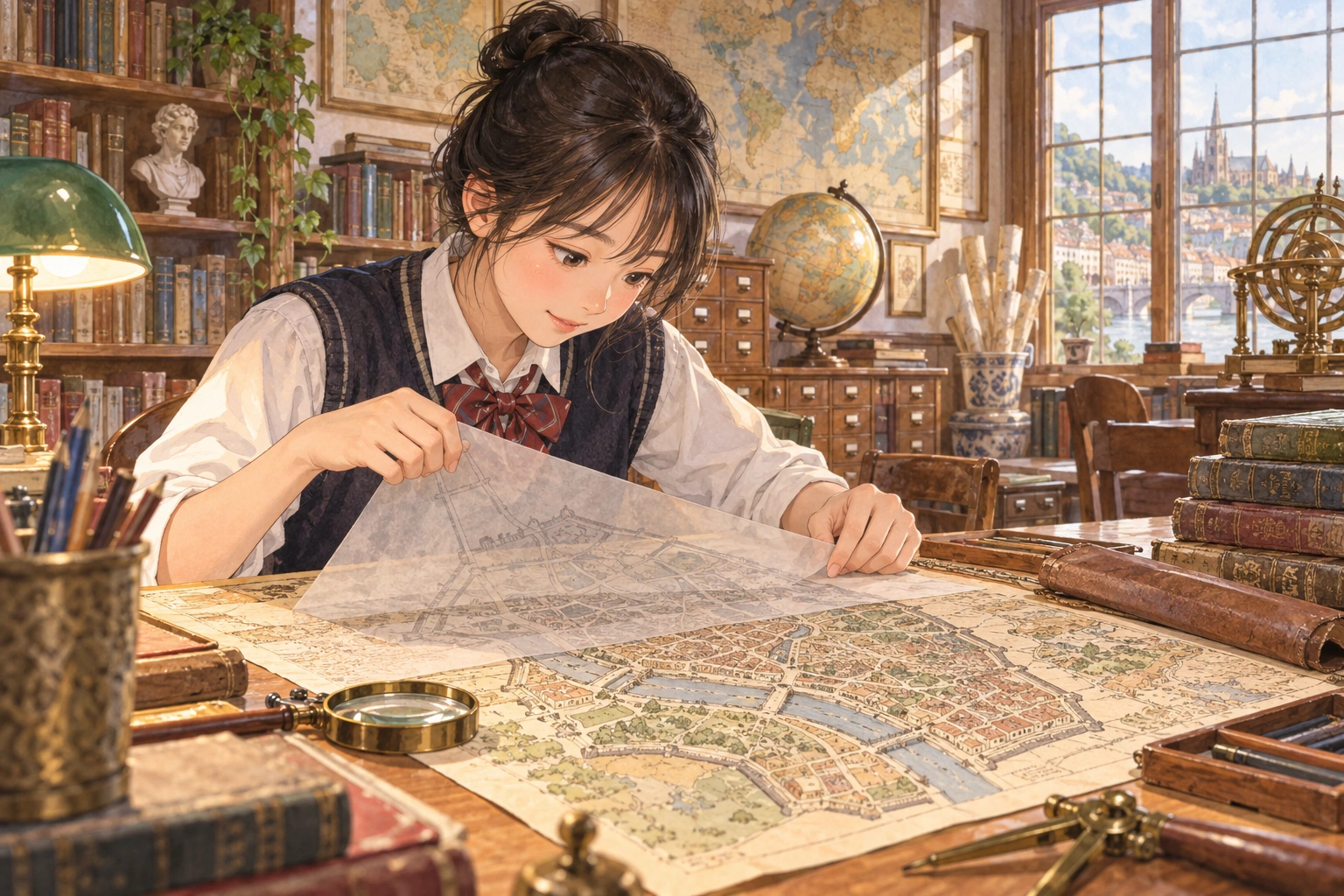In a library map room, a student lays transparent tracing paper over an old town map to find a changed landmark position.