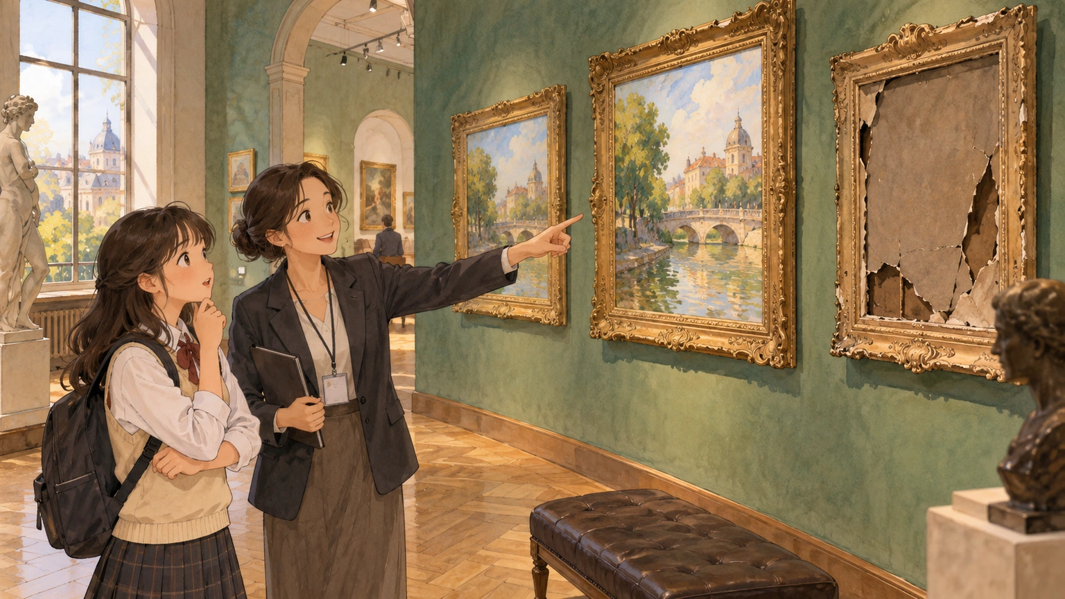 In a quiet art museum, a student follows a curator's pointing hand between two similar paintings and one damaged frame.