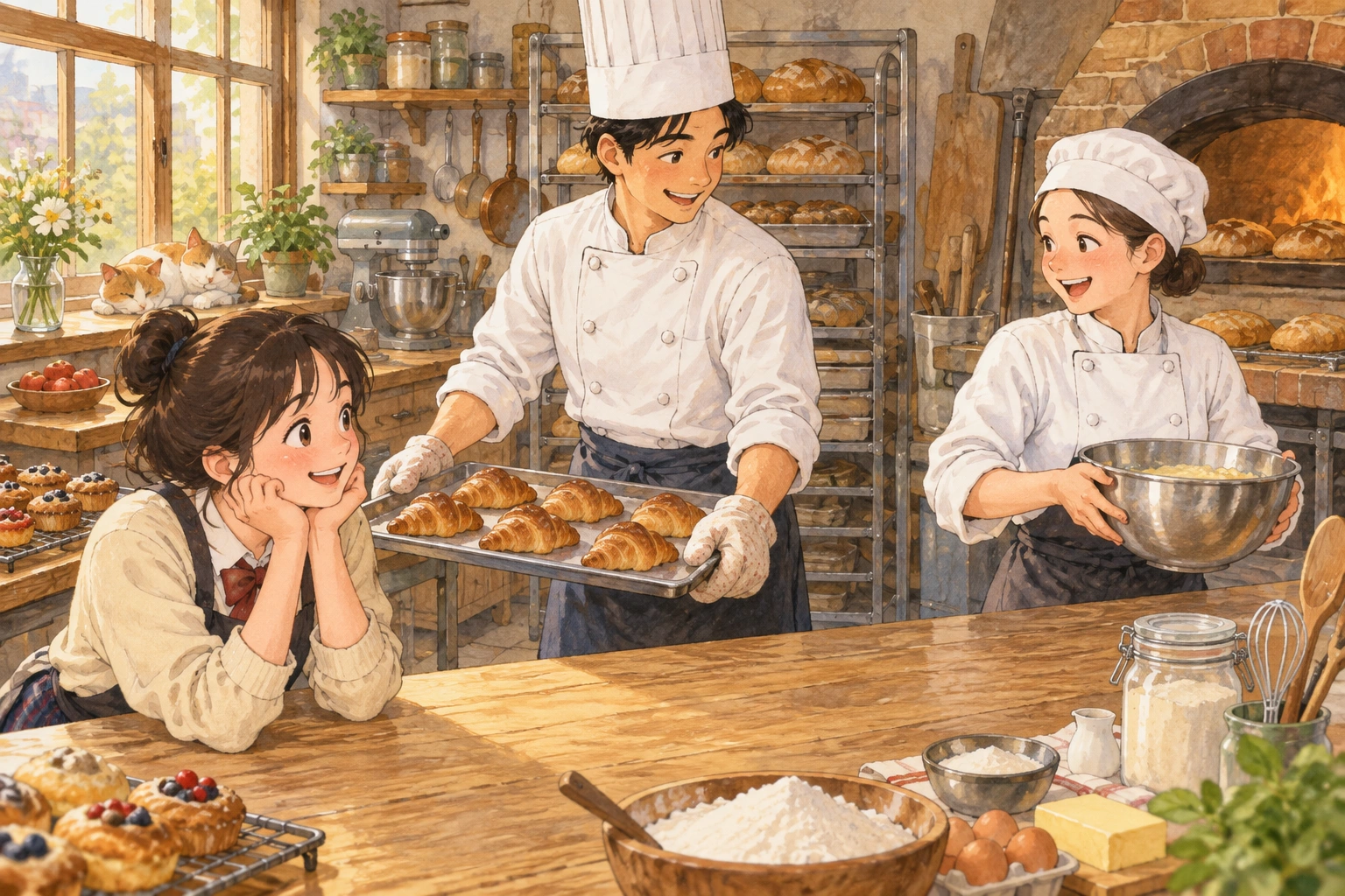 In a bakery kitchen, a student watches two chefs move a tray and a bowl and traces which person moved each object.
