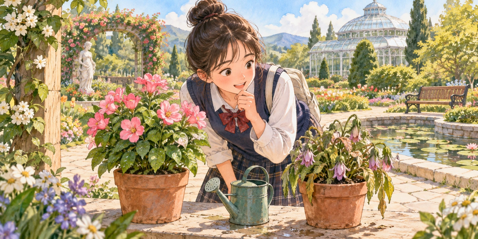 At a botanical garden, a student compares two flowering plants and one small watering can, noticing which plant was watered.
