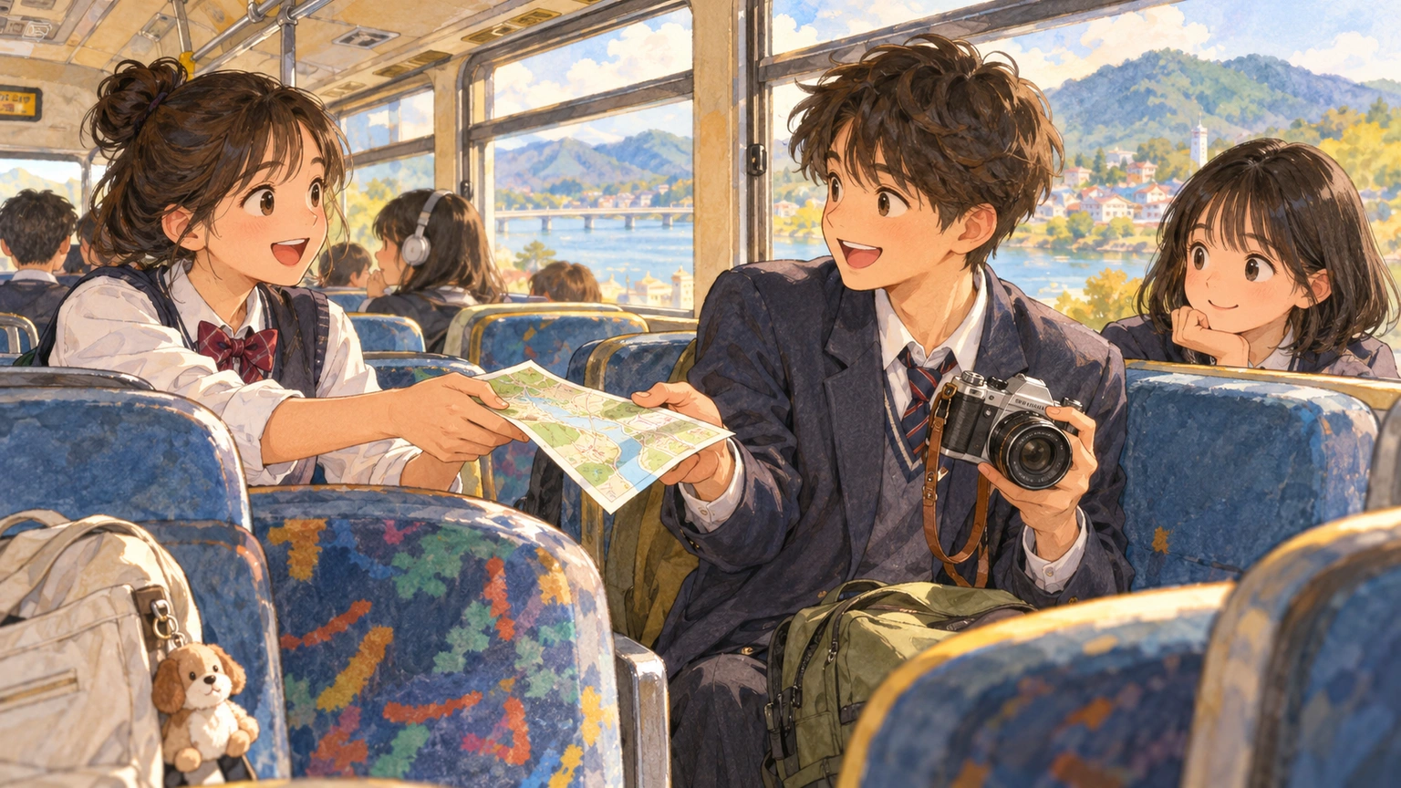On a school bus, a student watches two friends exchange a map and a camera, tracking who kept each object.