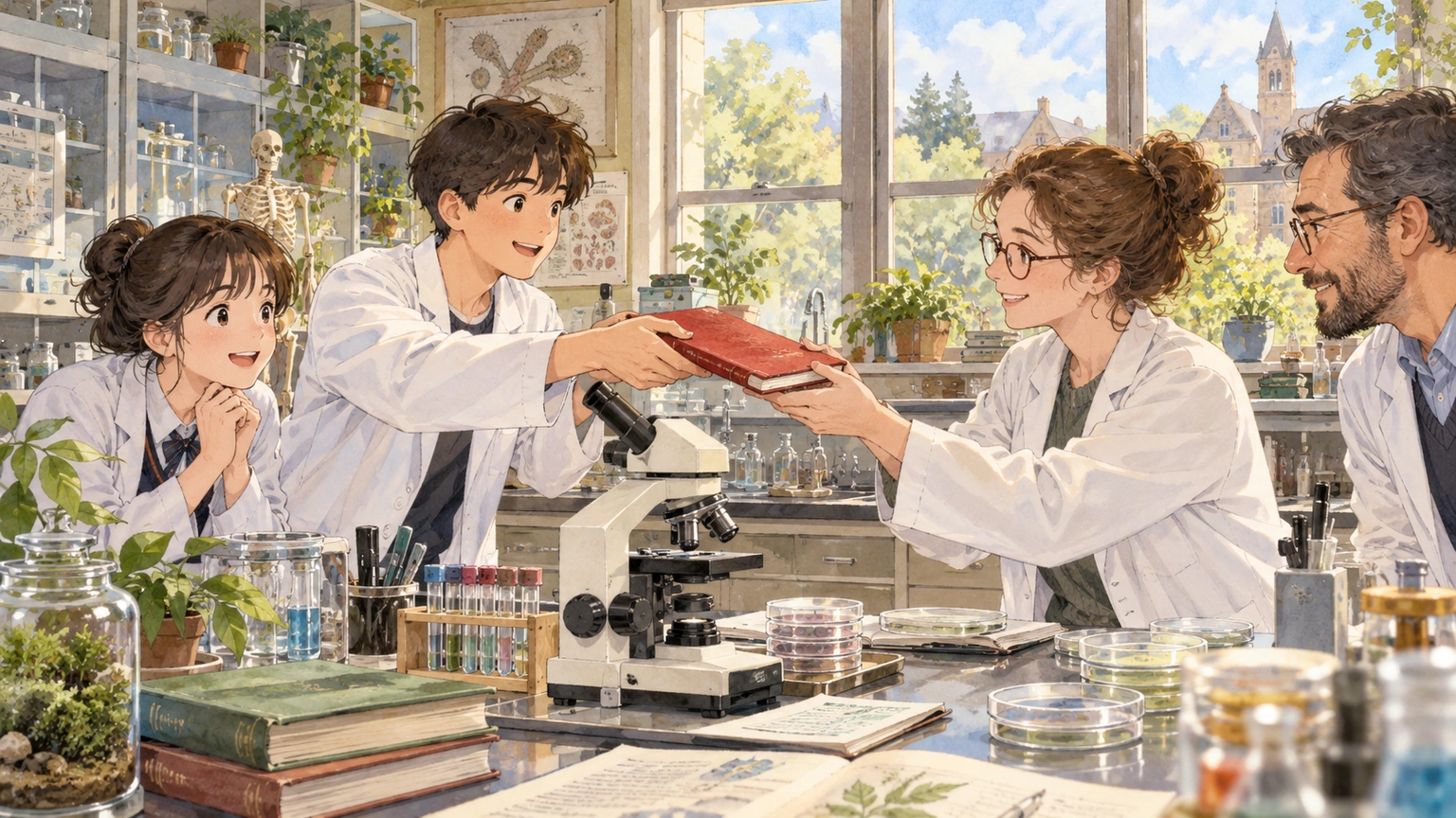 In a science lab, a student follows a red notebook as it passes from one researcher to another beside a microscope.