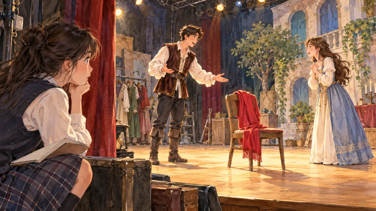 At a theater rehearsal, a student observes two actors, one red scarf, and a chair to resolve who placed the scarf.