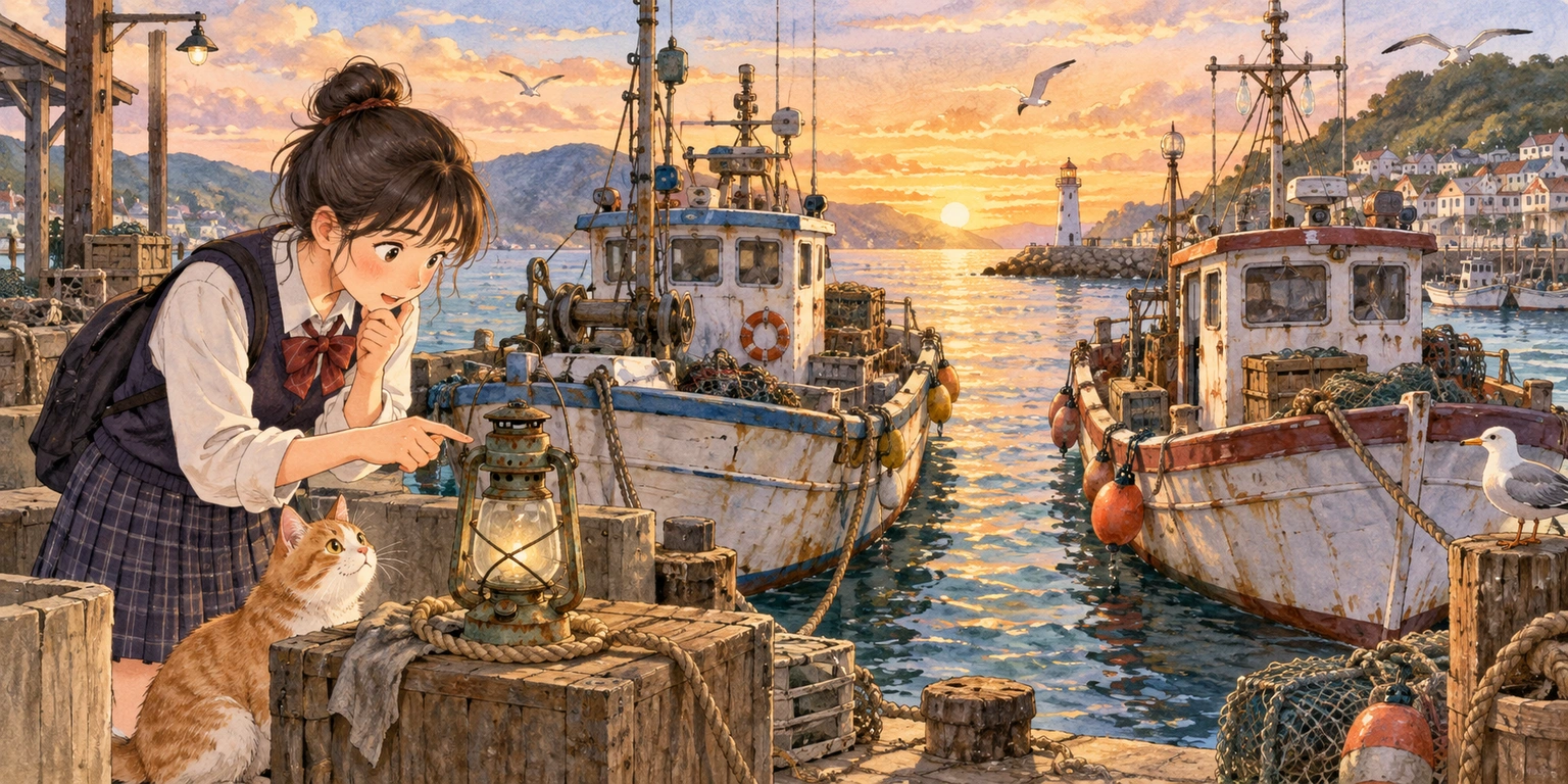 At a harbor pier, a student compares two boats and a lantern, carefully identifying which boat carried it.