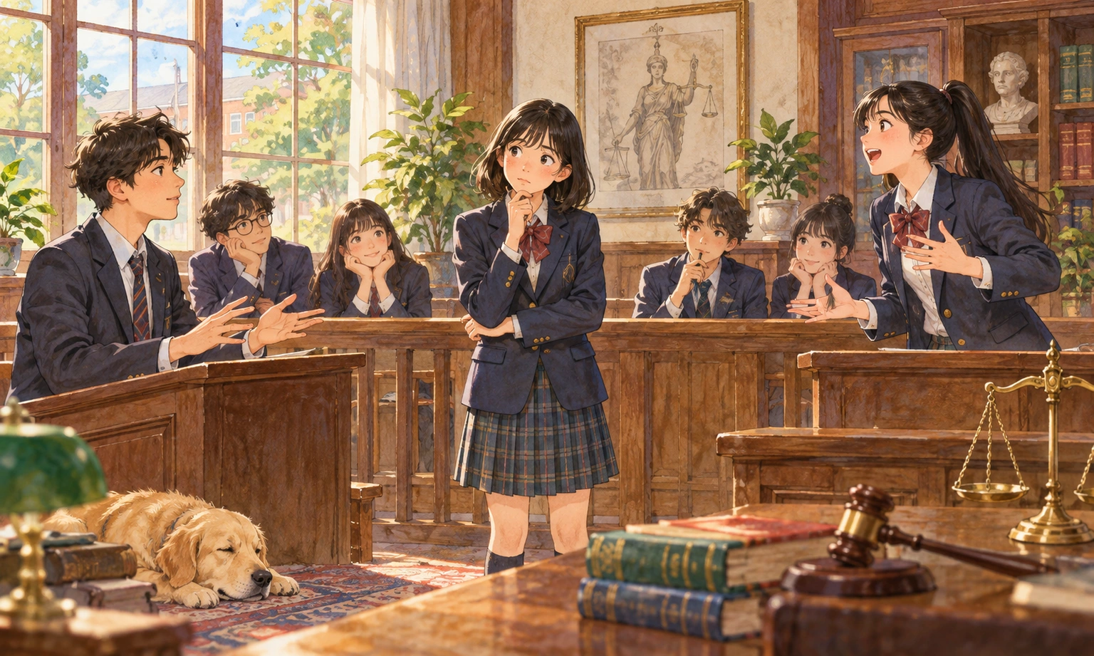 In a small courtroom debate club, a student weighs a cautious claim against an emphatic claim while classmates listen, no visible words.