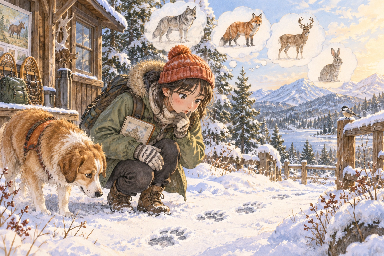 At a wildlife field station, a student studies tracks in snow and considers several possible animals without certainty.