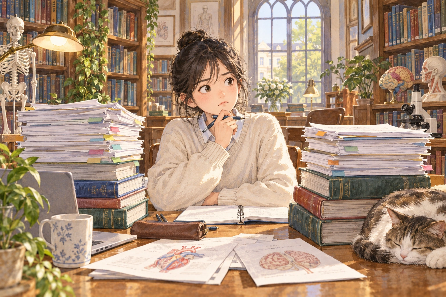 In a medical research library, a student compares two piles of evidence with a tentative expression, no patients or charts with text.