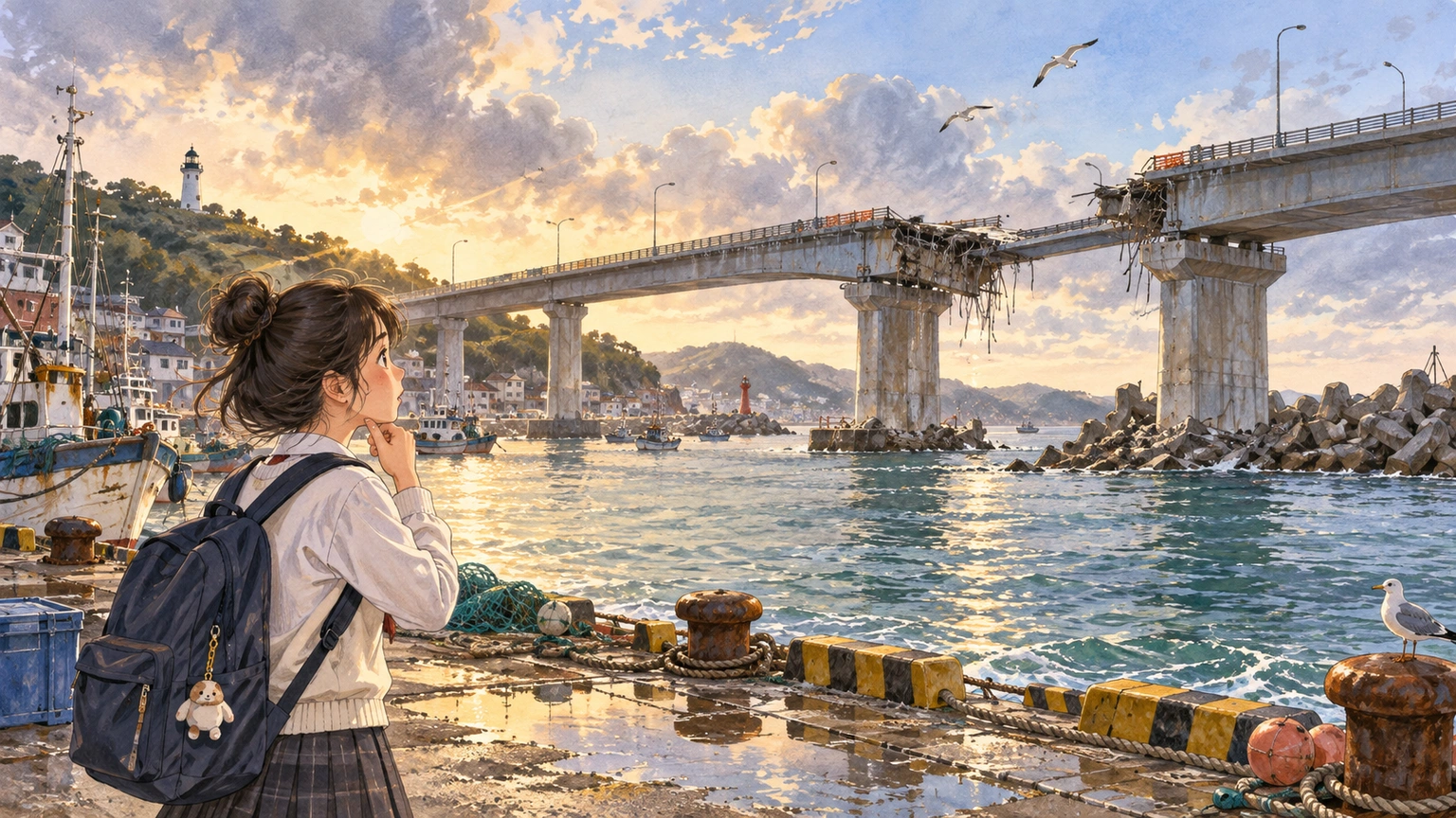 At a harbor after a storm, a student sees a partly damaged bridge and considers whether traffic can still pass.