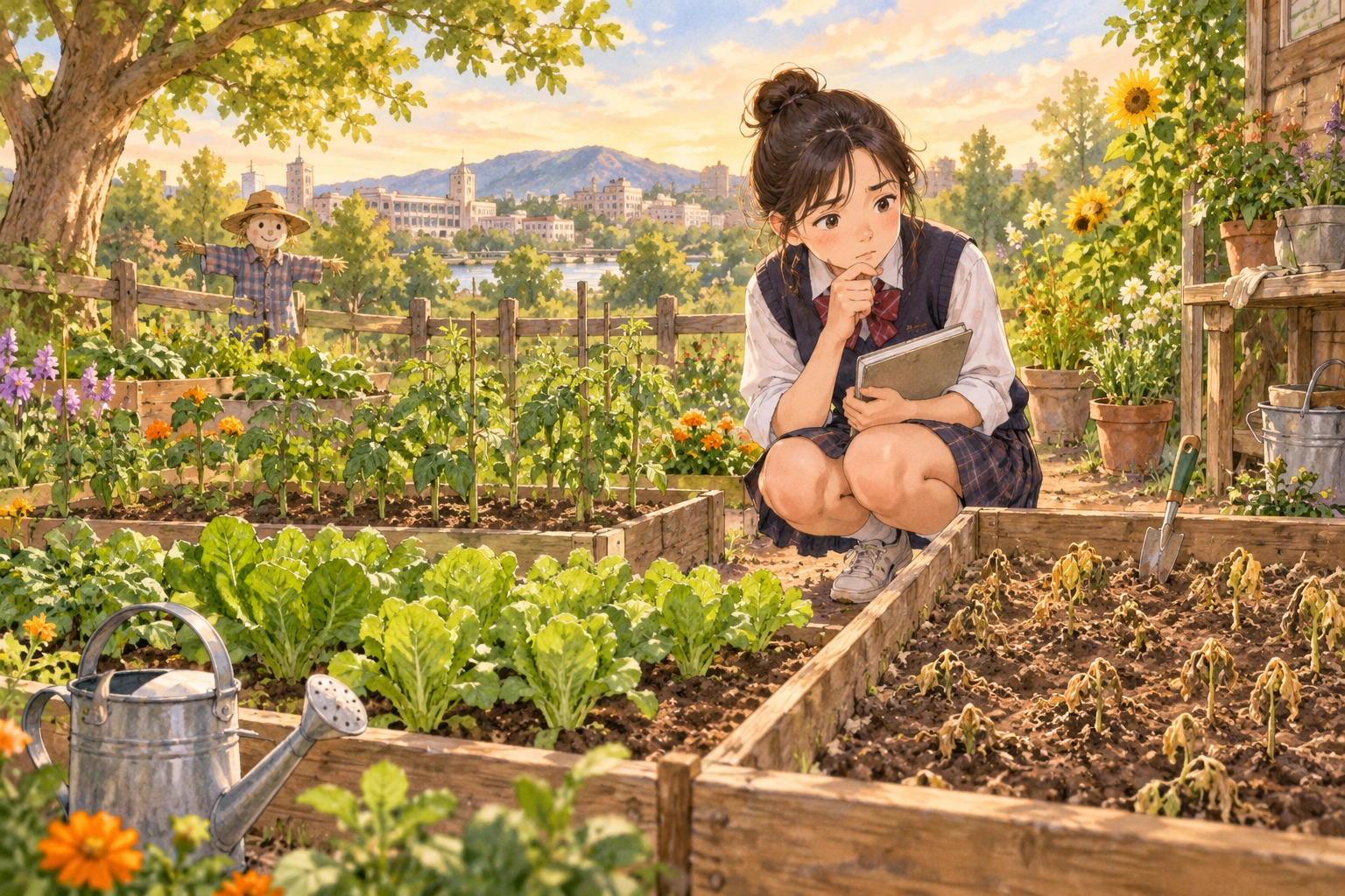 At a community garden, a student sees most seedlings thrive but one patch fail, weighing a qualified claim.
