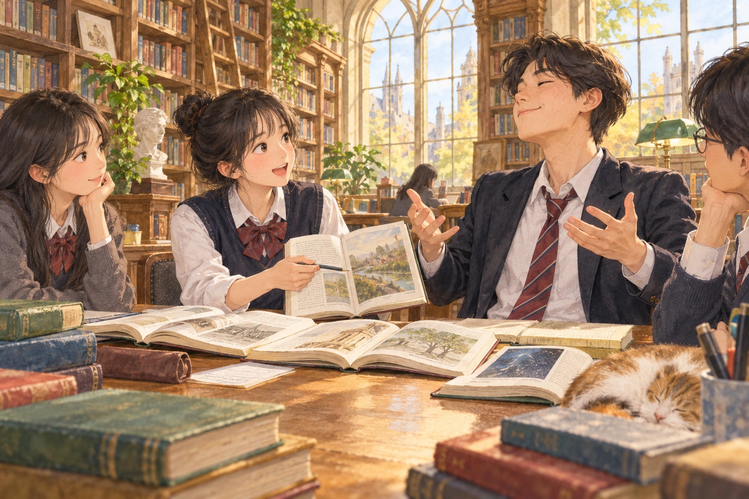 In a library seminar, a student gently corrects an overconfident speaker using several books opened to different pages.