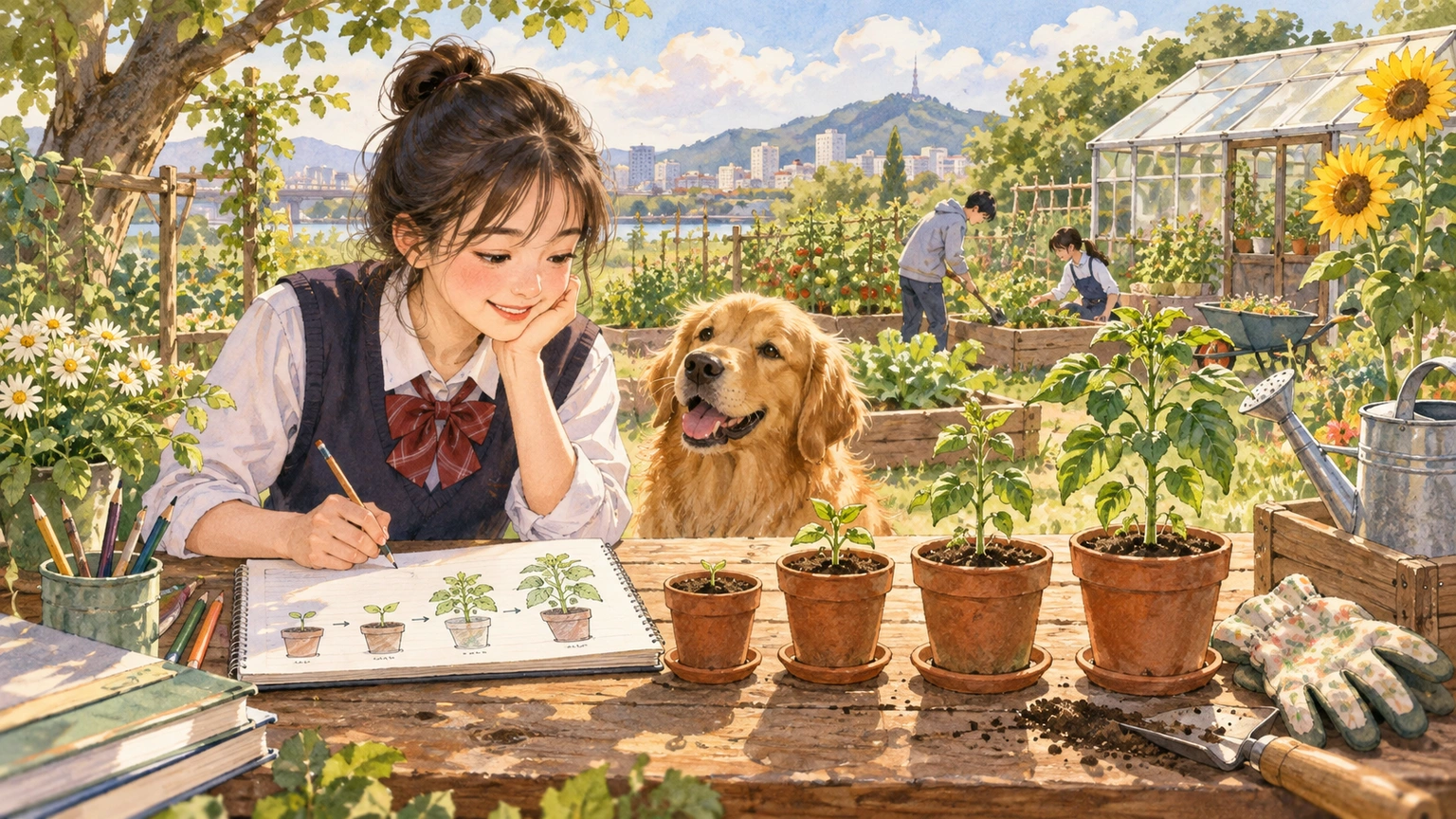 At a community garden, a student traces a plant experiment from an early guess through evidence to a revised conclusion.