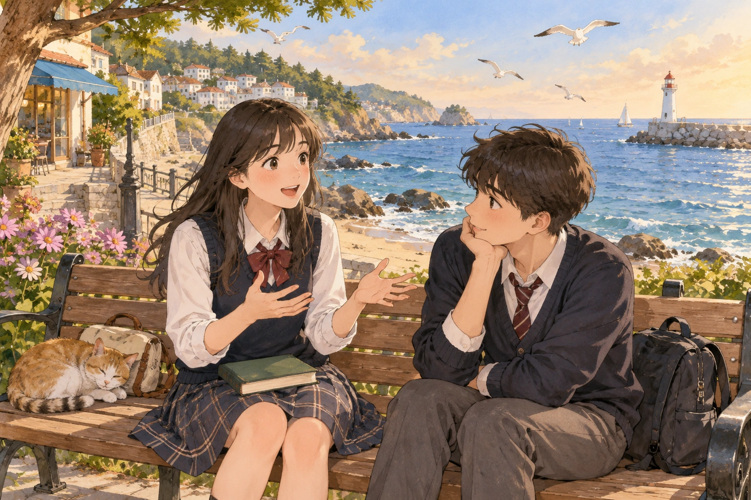 At a seaside reading bench, a student closes a book and explains a paragraph's claim to a friend without quoting it.