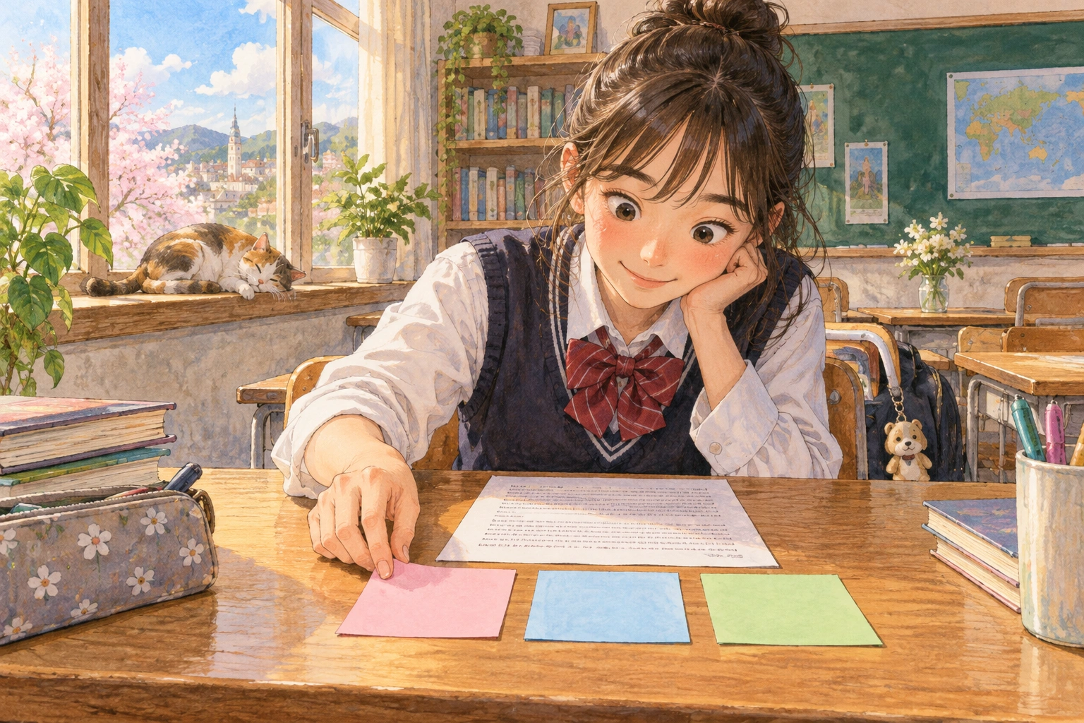 In a small classroom, a student lays three colored blank cards for claim, evidence, and limitation beside an English passage.