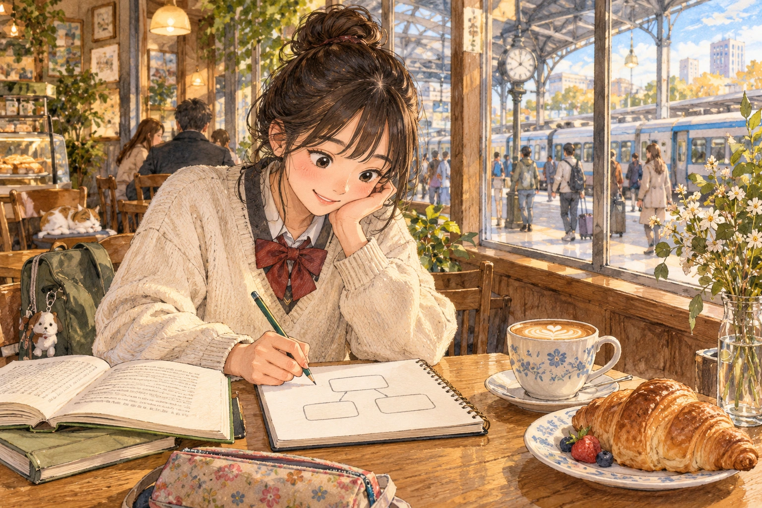 At a train station cafe, a student draws a simple three-part outline from memory after reading an essay.