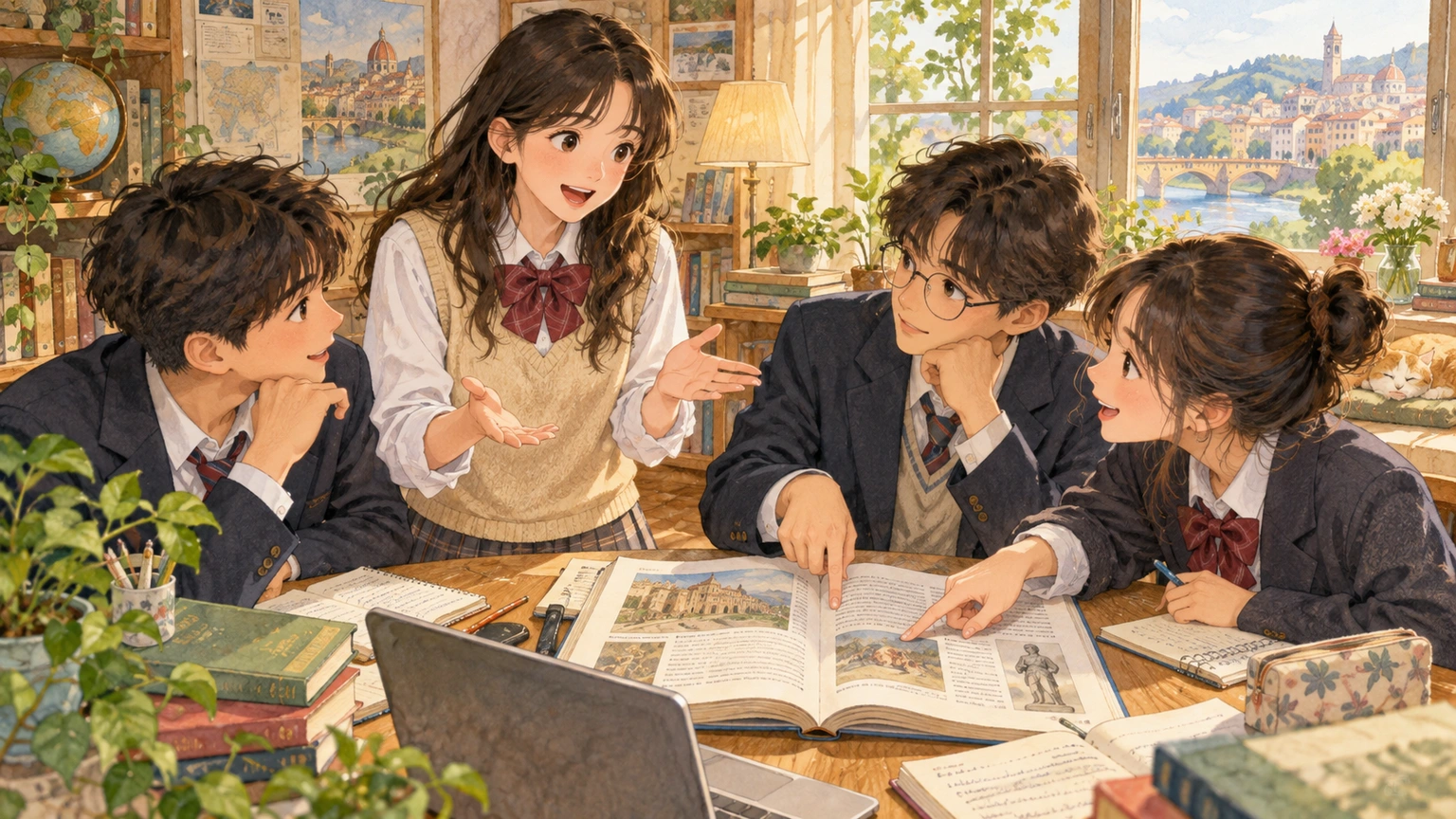 In a study group, a student explains a revised conclusion while others point to different evidence positions in a book.