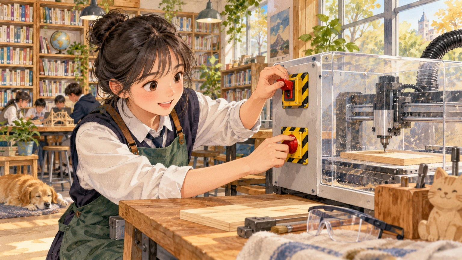In a library makerspace, a student checks that a machine runs only after two separate safety switches are set.
