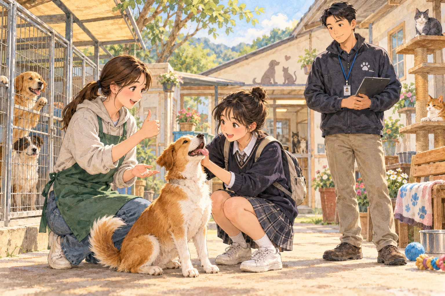 At an animal shelter, a student distinguishes a volunteer's permission from the additional presence of a trained supervisor.