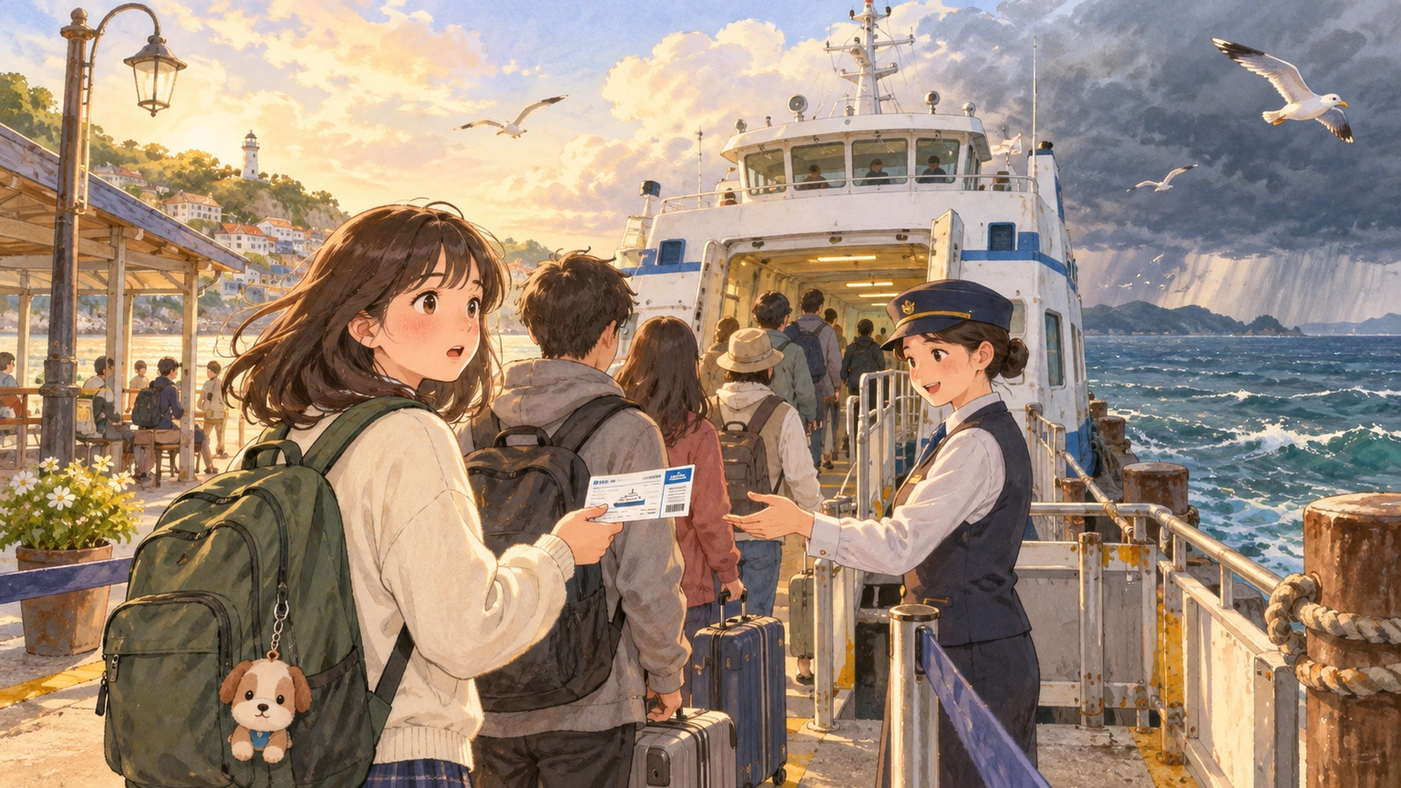 At a ferry dock, a student follows a boarding queue and realizes a boarding pass is required but weather can still stop departure.