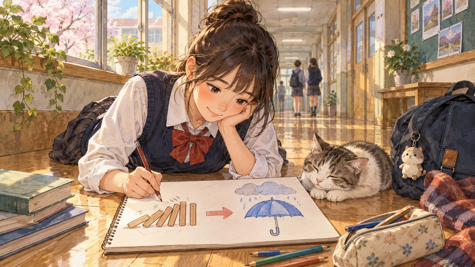 In a quiet school corridor, a student sketches two arrows between cause and condition with everyday objects, no readable symbols or text.