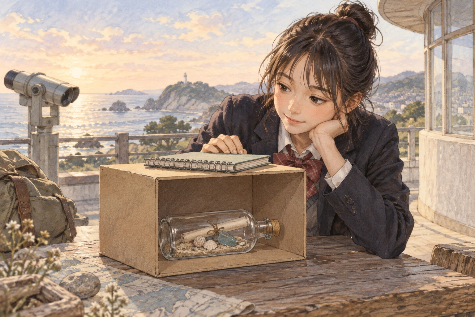 해변 관측소에서 학생이 병과 공책을 상자와 대조하는 장면