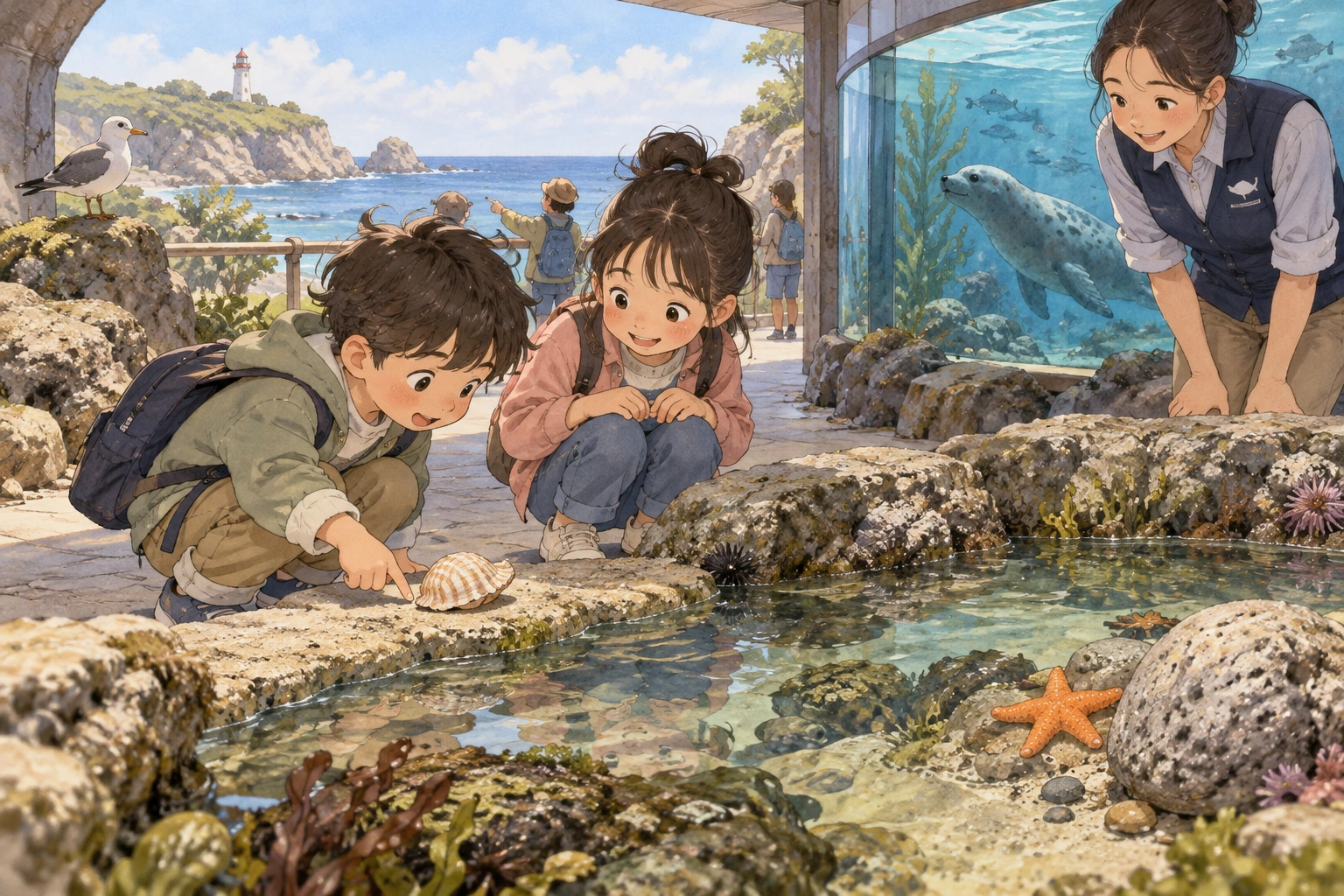 수족관에서 학생이 조개와 불가사리의 기준점을 찾는 장면