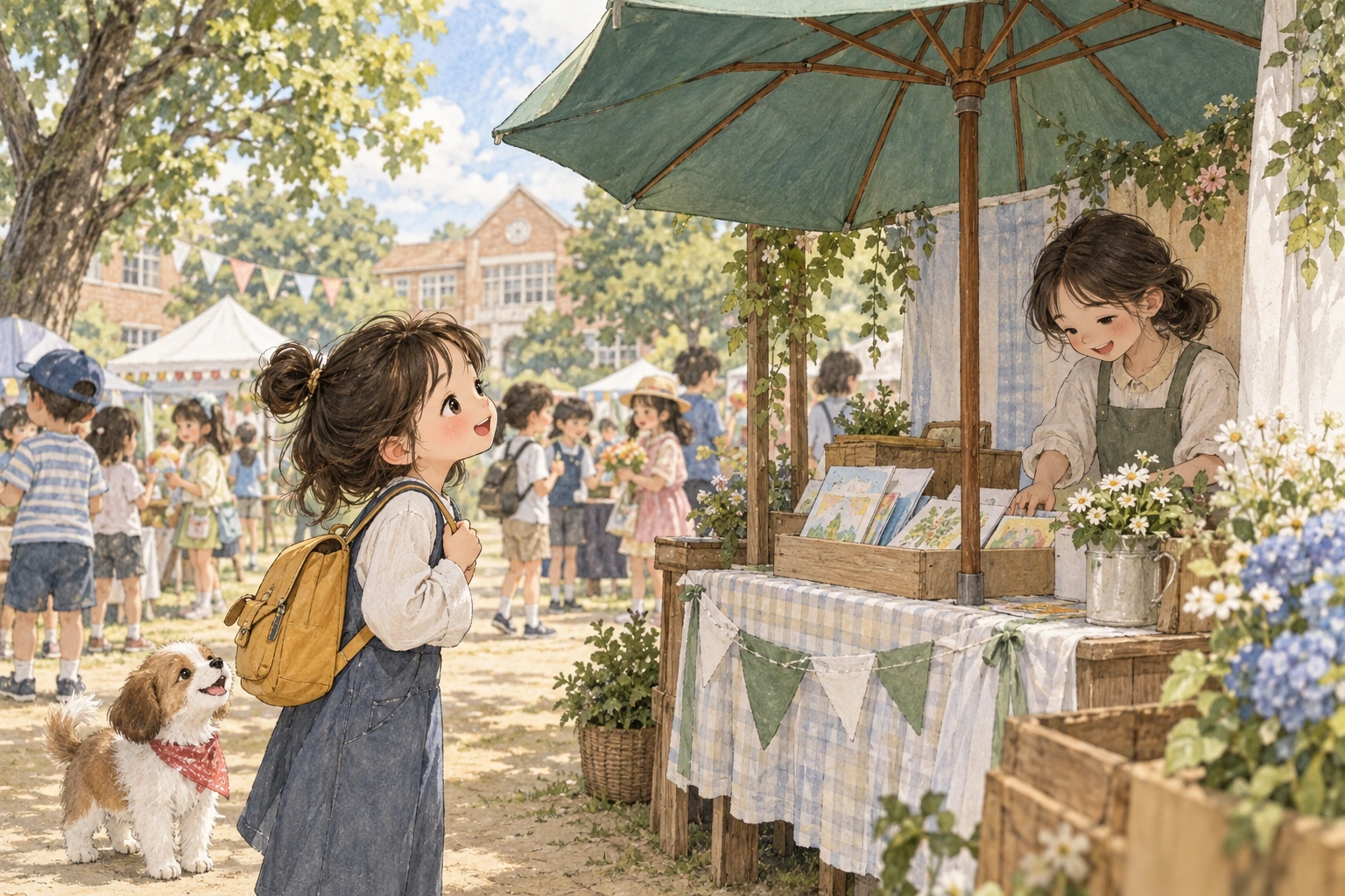 학교 장터에서 학생이 우산 아래 가판대를 관찰하는 장면