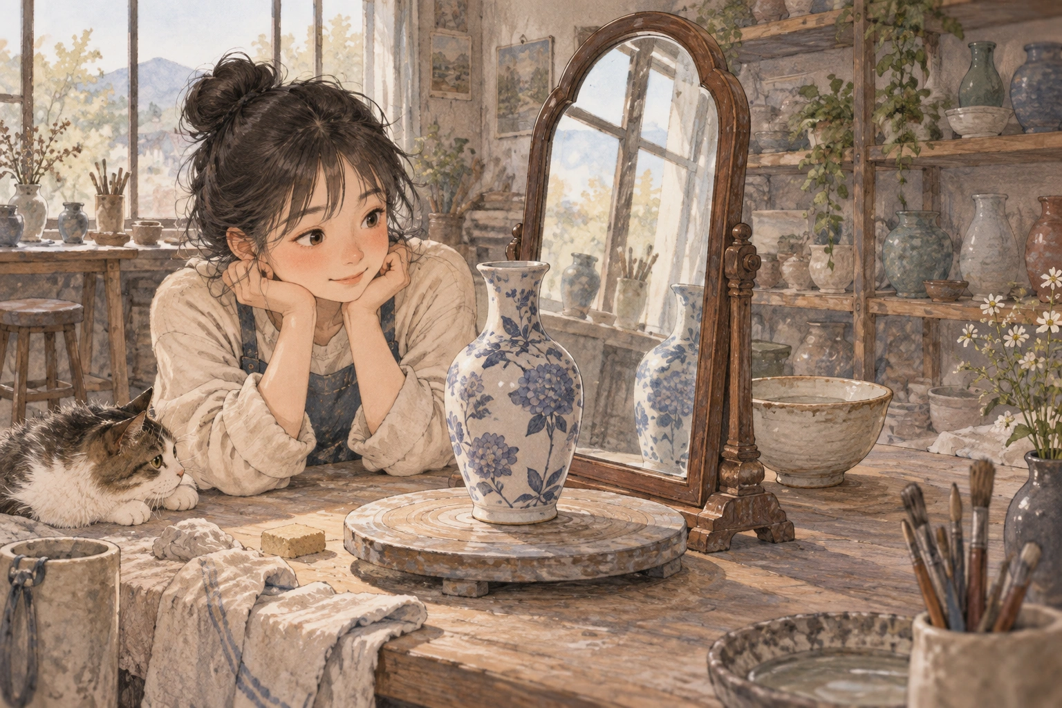 도예실에서 학생이 거울 앞 꽃병과 뒤 그릇을 보는 장면