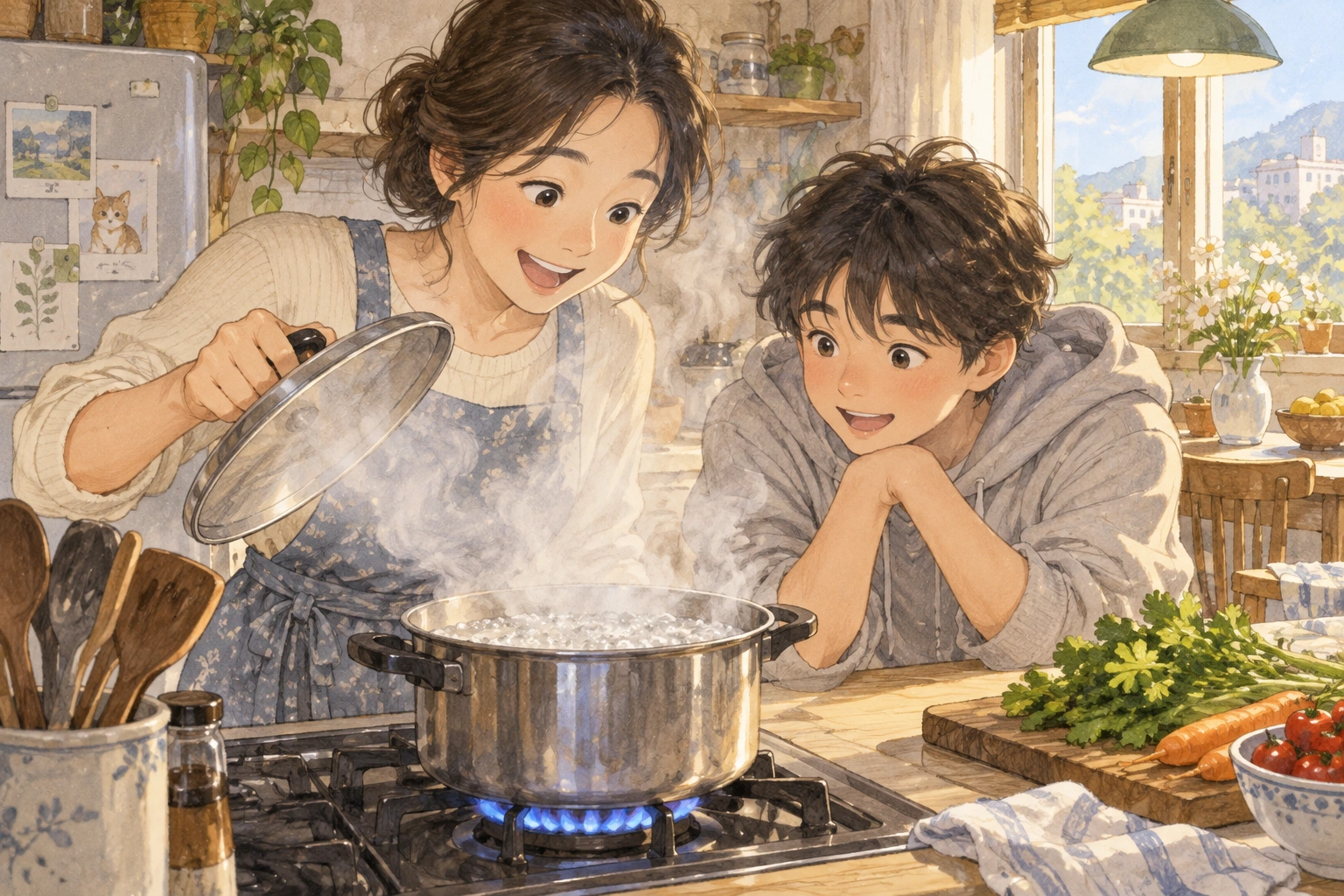 부엌에서 학생과 부모가 물 끓는 순간을 보는 장면