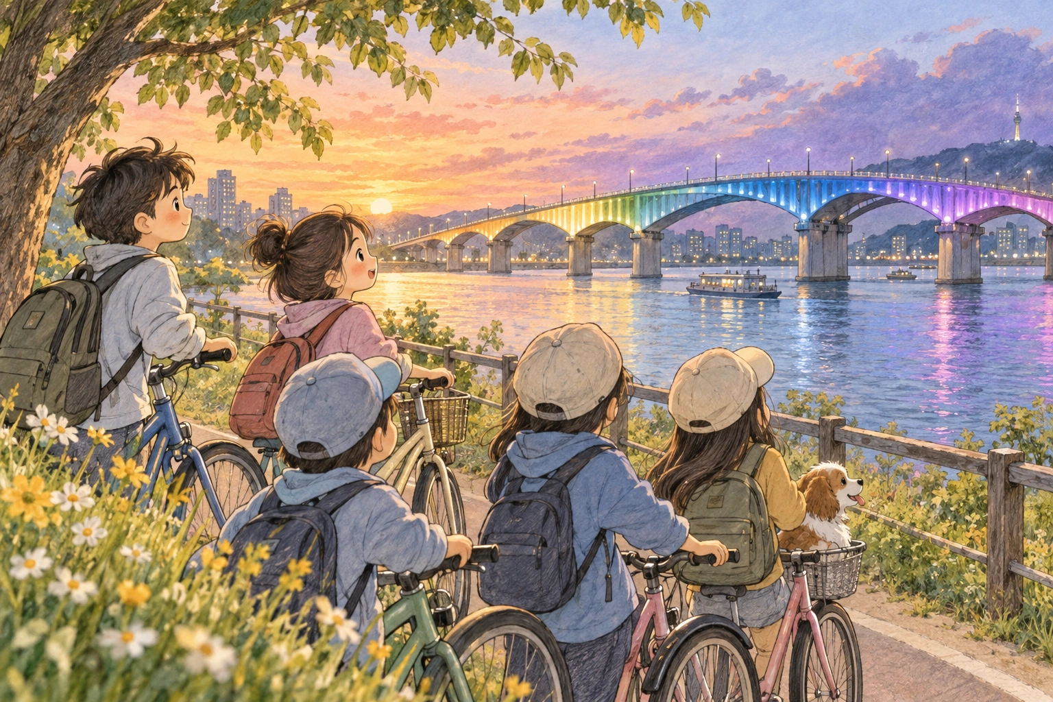 강변 자전거 길에서 학생들이 신호를 기다리는 장면