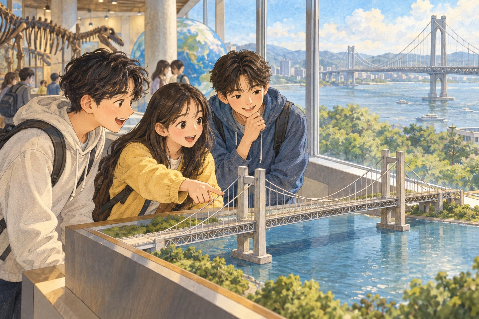 과학관에서 학생이 홍수 뒤 남은 모형을 보는 장면