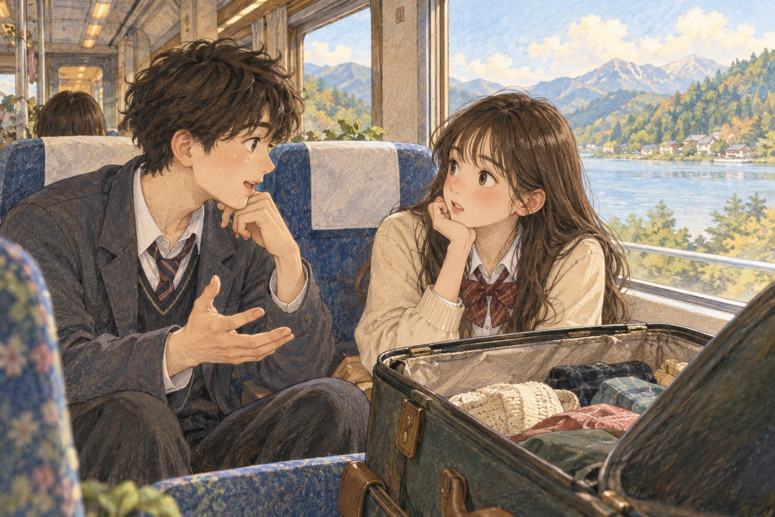 기차 안에서 학생들이 여행가방의 주인을 찾는 장면