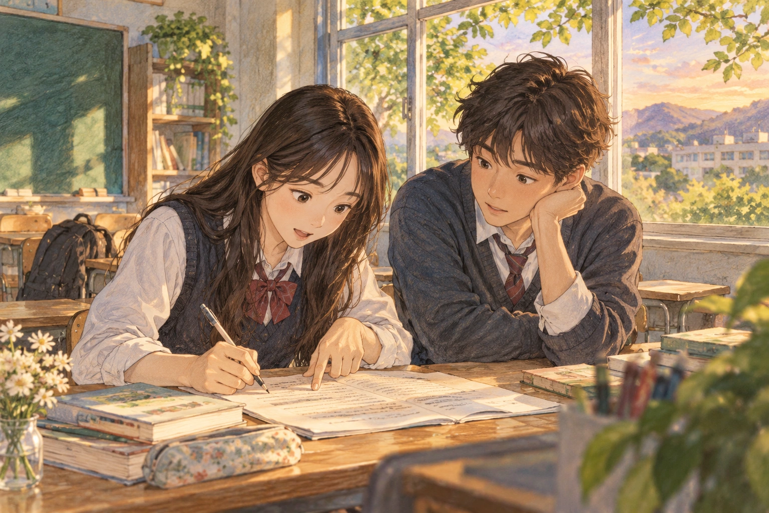 복도에서 학생이 게시 시각을 확인하는 장면