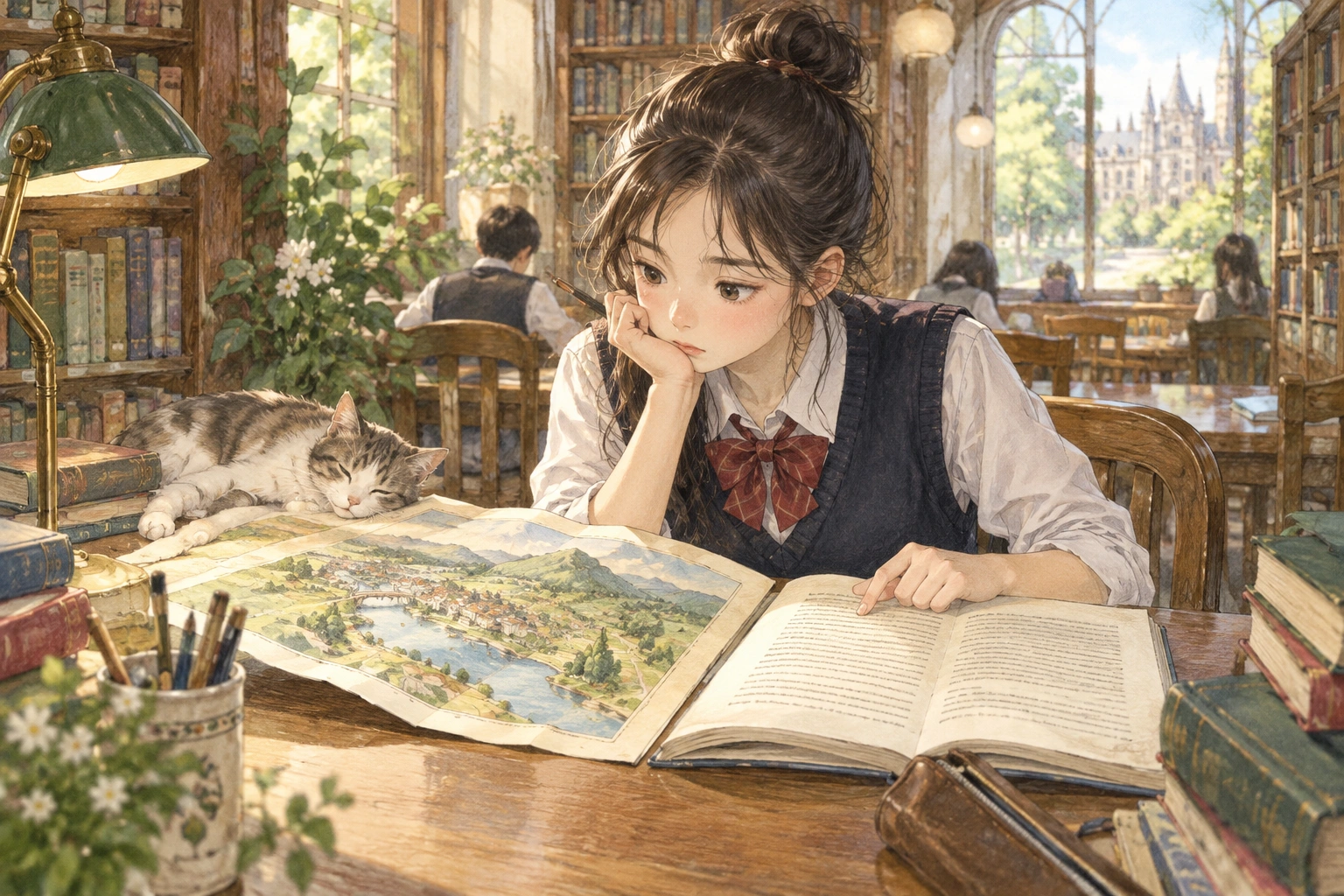 도서관에서 학생이 조용한 수레를 살피는 장면