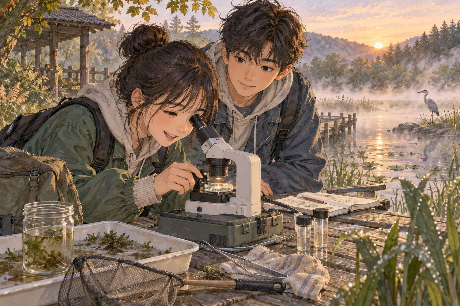 이른 아침 연못 표본을 관찰하는 학생들