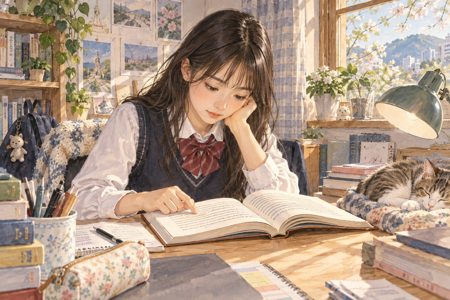 학습실에서 문단 속 새 어휘를 읽는 학생