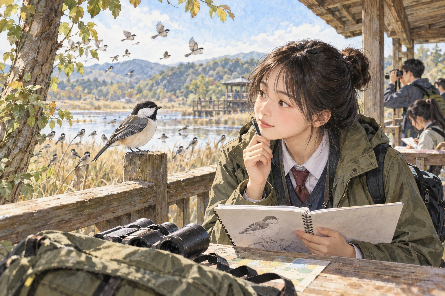 생태 관찰실에서 한 새와 전체 종을 비교하는 학생