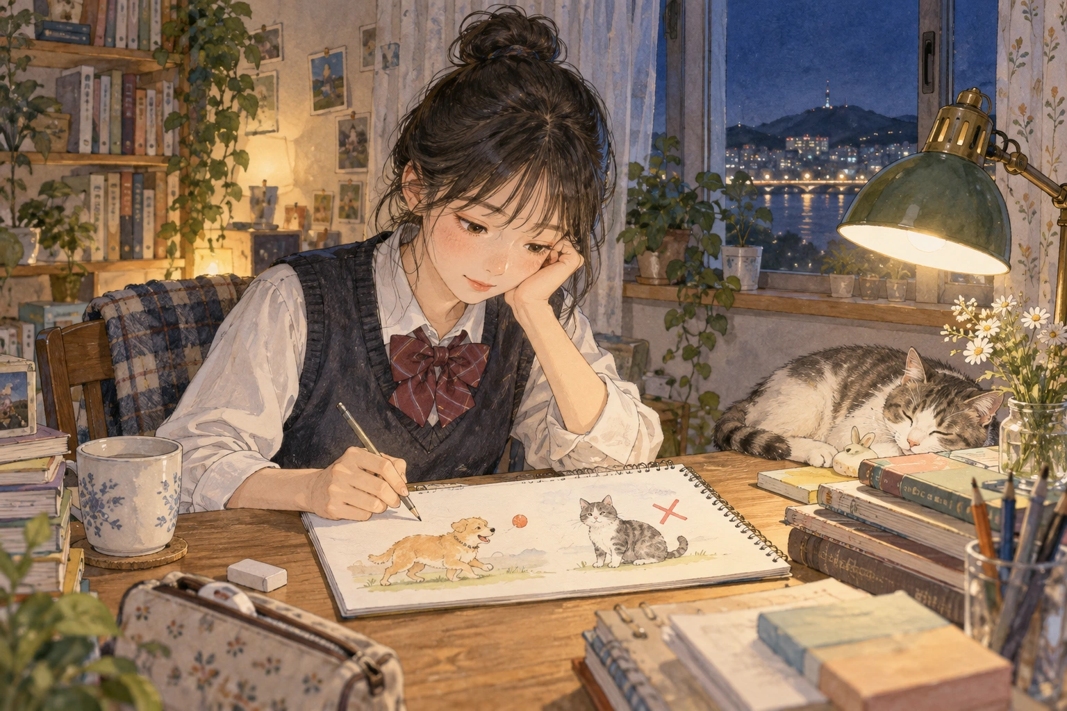 저녁 책상에서 조건문의 반례를 만드는 학생